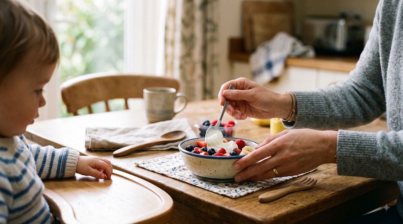 Parent preparing a fiber-rich fruit and yogurt snack for a toddler