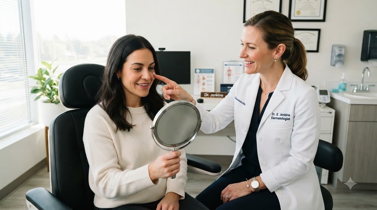 Dermatologist consulting with a patient about treatment options for under-eye bags