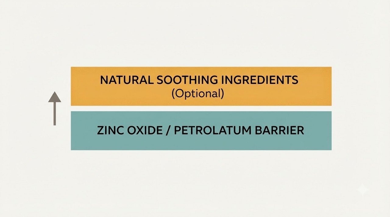 Diagram showing zinc oxide barrier cream layered with natural soothing ingredients for diaper rash