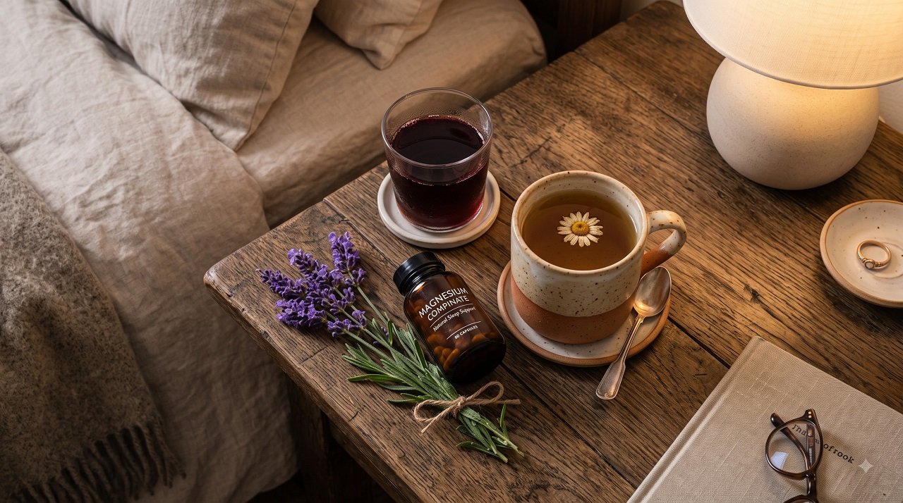 A collection of natural sleep aids including tart cherry juice, chamomile tea, magnesium, and lavender