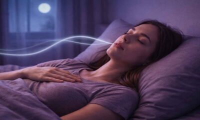 Peaceful woman in bed doing 4-7-8 breathing