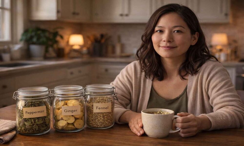 Natural home remedies for bloating, cramps, and diarrhea on a kitchen table