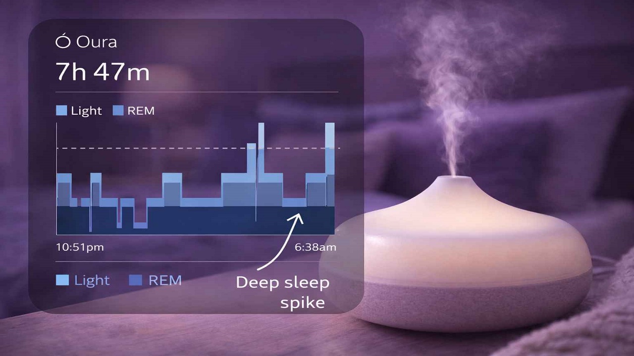 Oura graph showing deep sleep spike with lavender diffuser