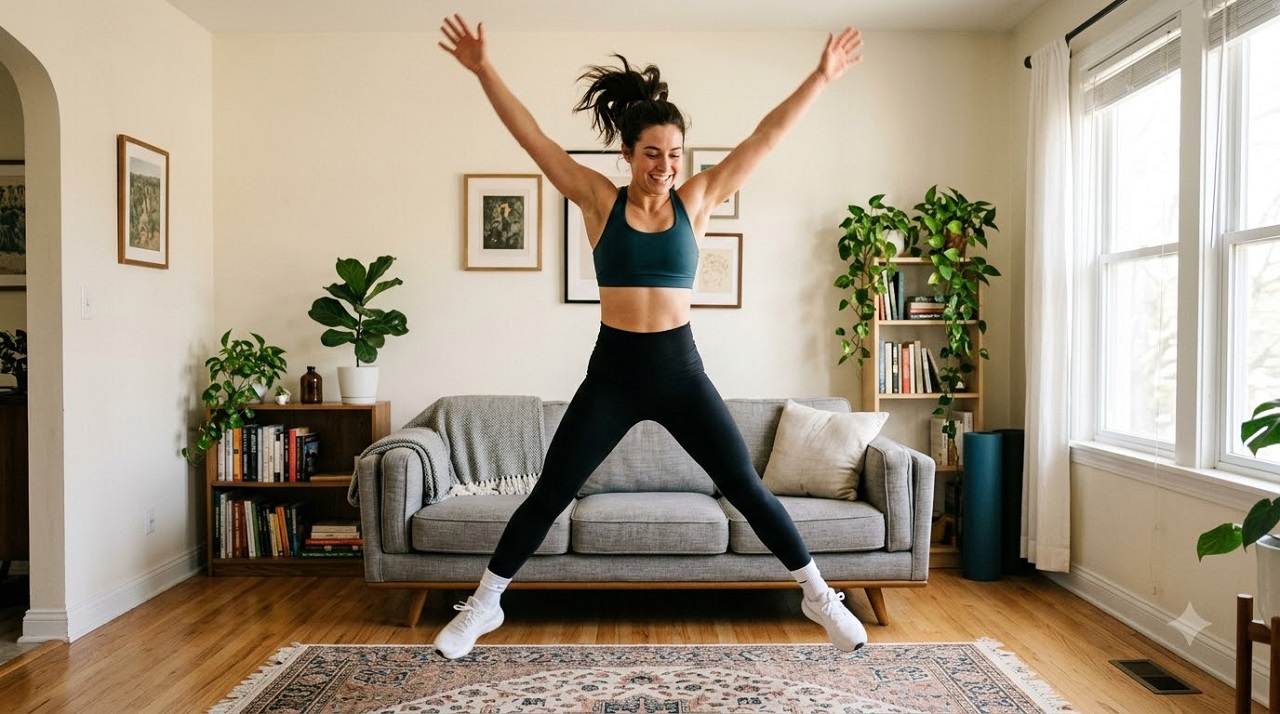 Person doing bodyweight cardio exercises at home