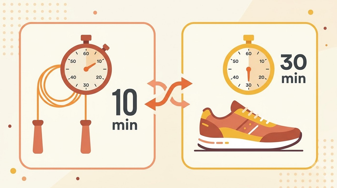 Illustration comparing jump rope and running duration for cardiovascular benefit