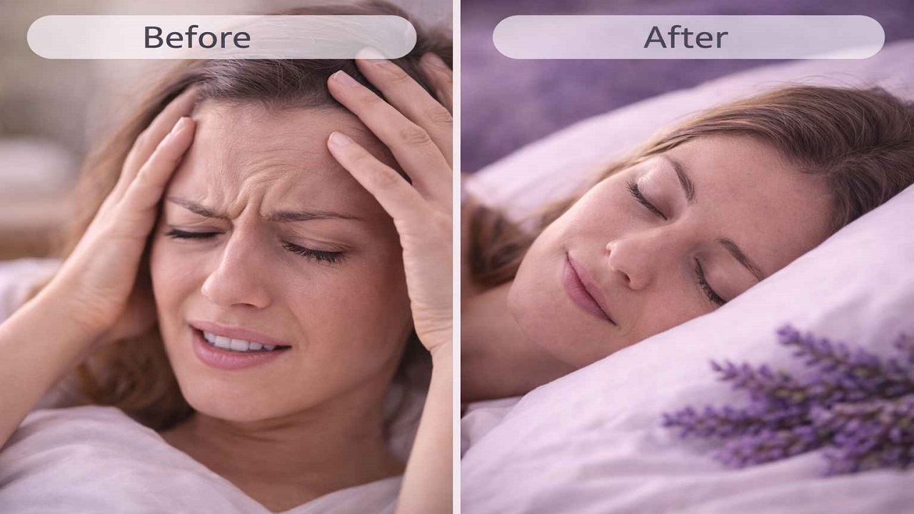 stressed face vs calm sleeping face with lavender