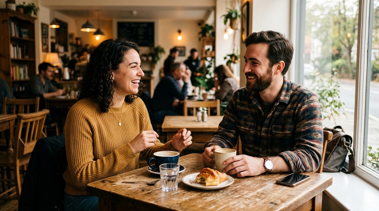 Two people having a genuine conversation over coffee