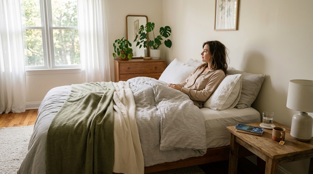 A calm bedroom in morning light representing a consistent wake-up routine