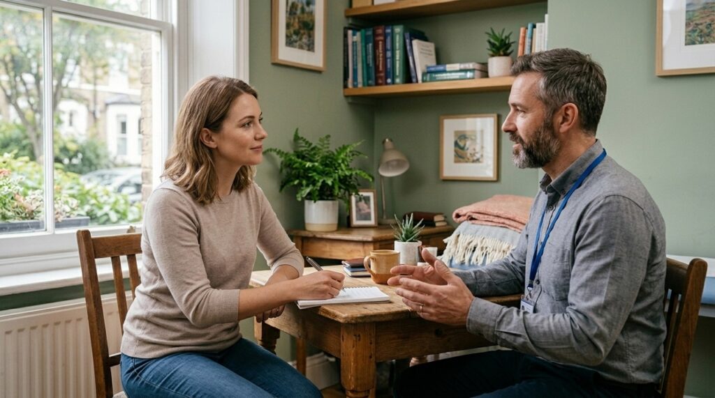 Woman in a calm conversation with a healthcare provider during an adult ADHD diagnostic evaluation