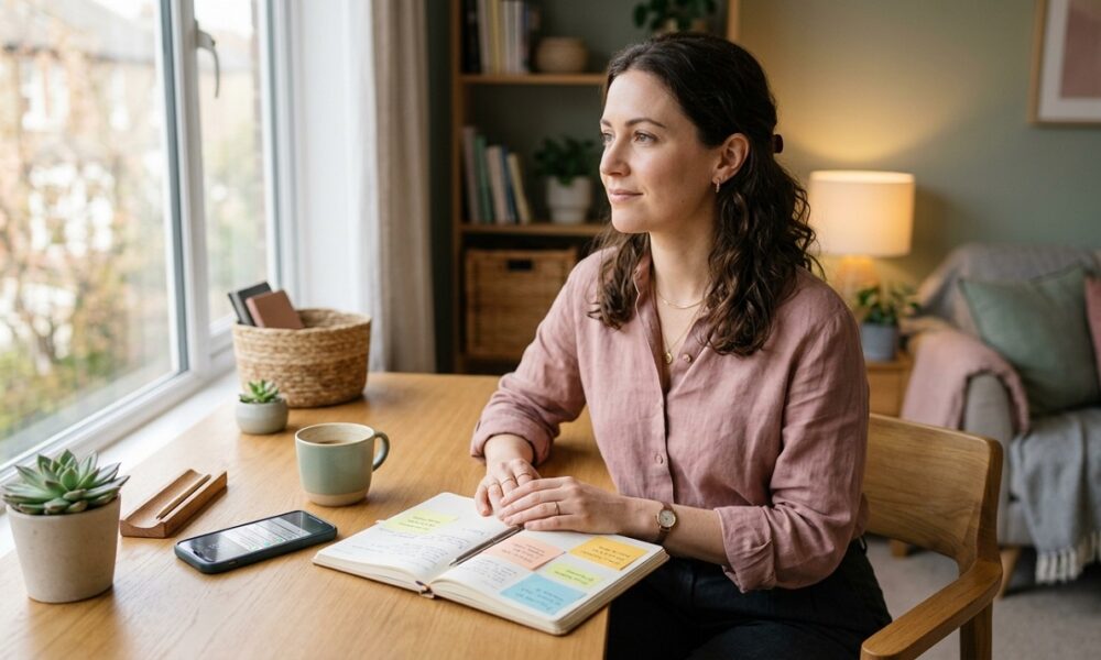 Woman sitting at a tidy desk with subtle signs of overwhelm, representing masked adult ADHD symptoms in women