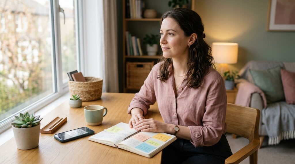 Woman sitting at a tidy desk with subtle signs of overwhelm, representing masked adult ADHD symptoms in women