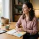Woman sitting at a tidy desk with subtle signs of overwhelm, representing masked adult ADHD symptoms in women