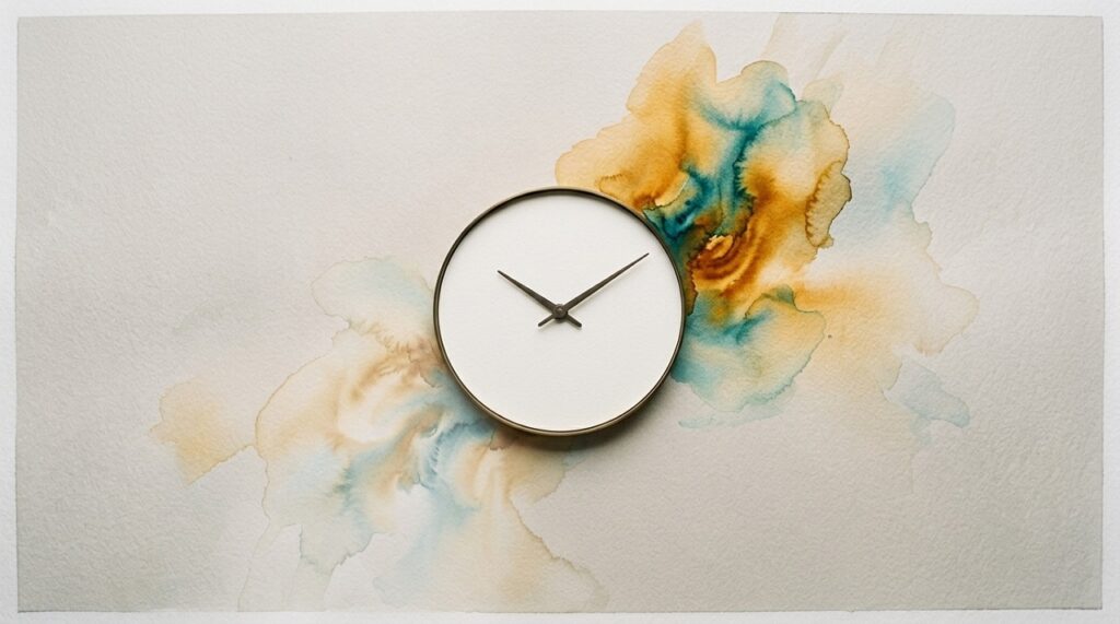 Top-down view of an analogue clock with amber and teal watercolour washes representing the timeline of a panic attack