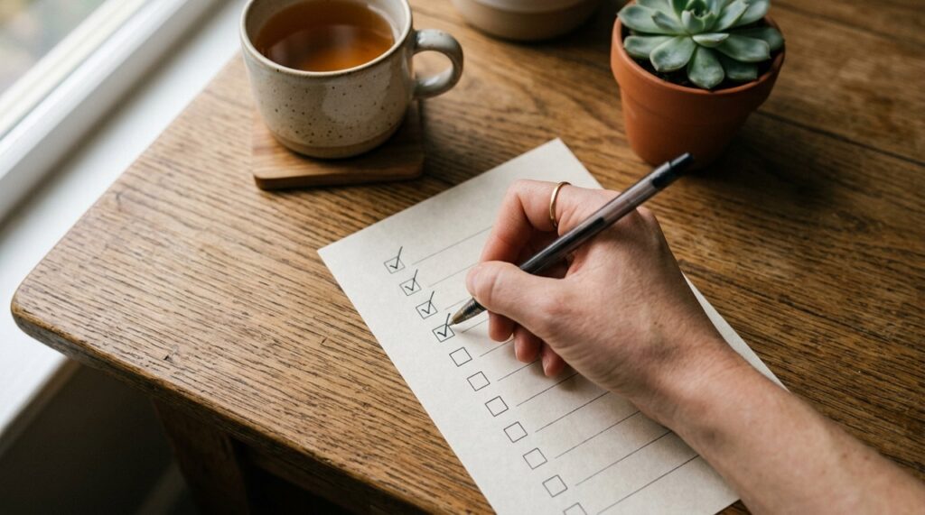 Hand checking boxes on a paper checklist, representing a symptom checklist for adult ADHD in women