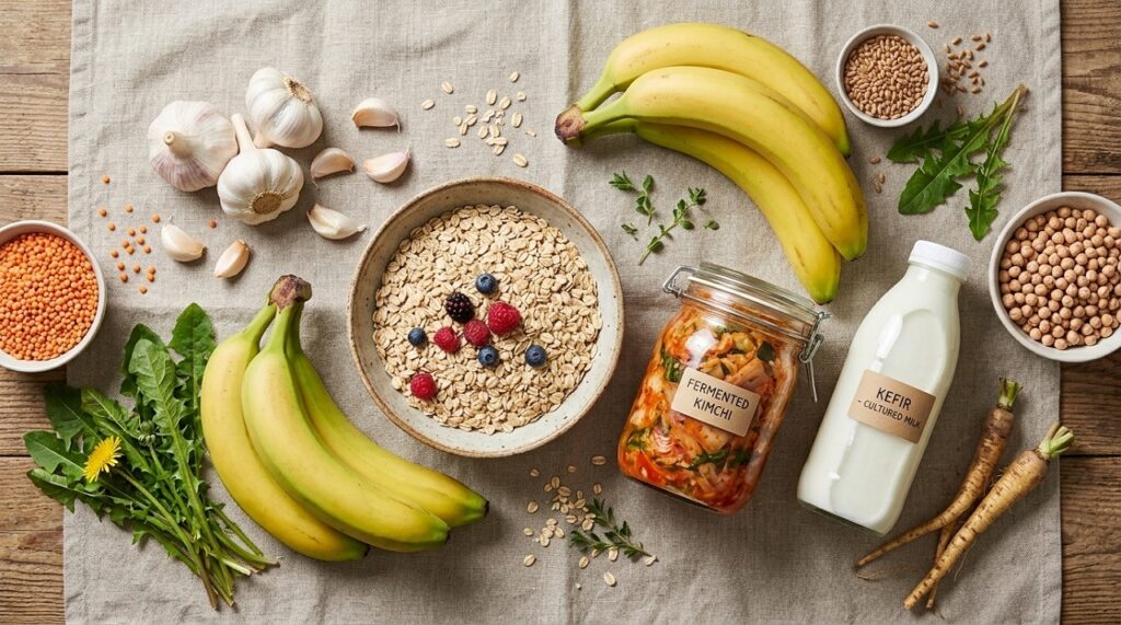Flat-lay of gut-healthy foods including fiber-rich, prebiotic, and fermented options