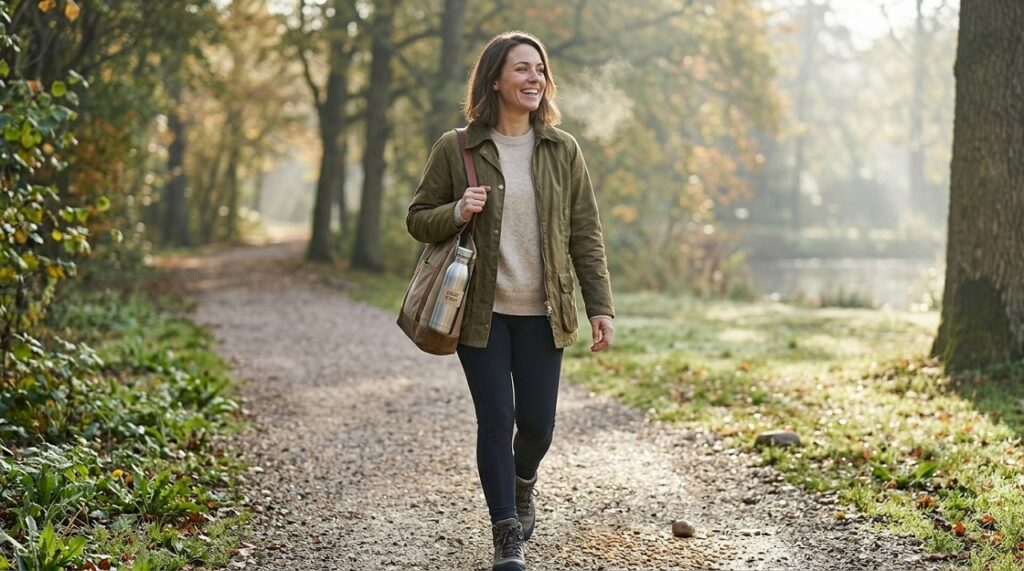 Person on a brisk morning walk outdoors, representing exercise as a gut health hack