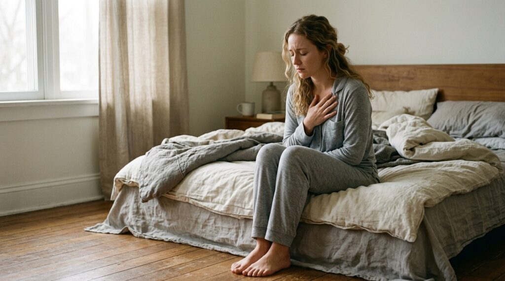 Woman sitting on the edge of a bed with her hand on her chest, eyes closed, experiencing anxiety.