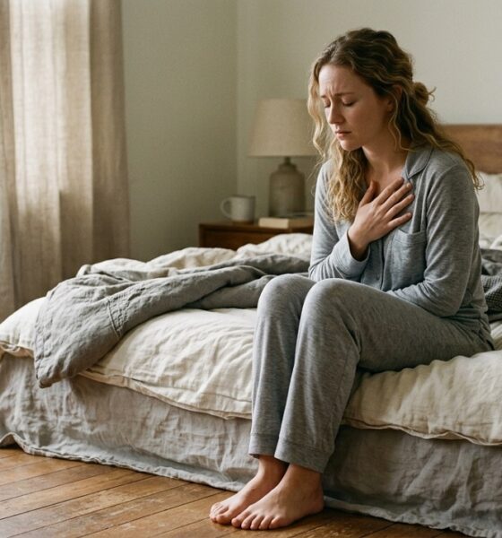Woman sitting on the edge of a bed with her hand on her chest, eyes closed, experiencing anxiety.