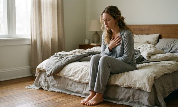 Woman sitting on the edge of a bed with her hand on her chest, eyes closed, experiencing anxiety.