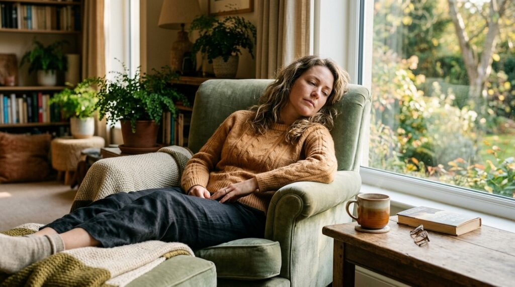 Person sitting exhausted in an armchair near a window with a cup of tea, recovering after a panic attack
