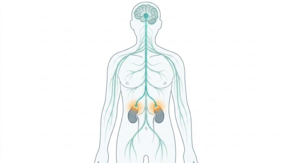 Minimalist illustration of the body's stress response pathway from brain through nervous system to adrenal glands