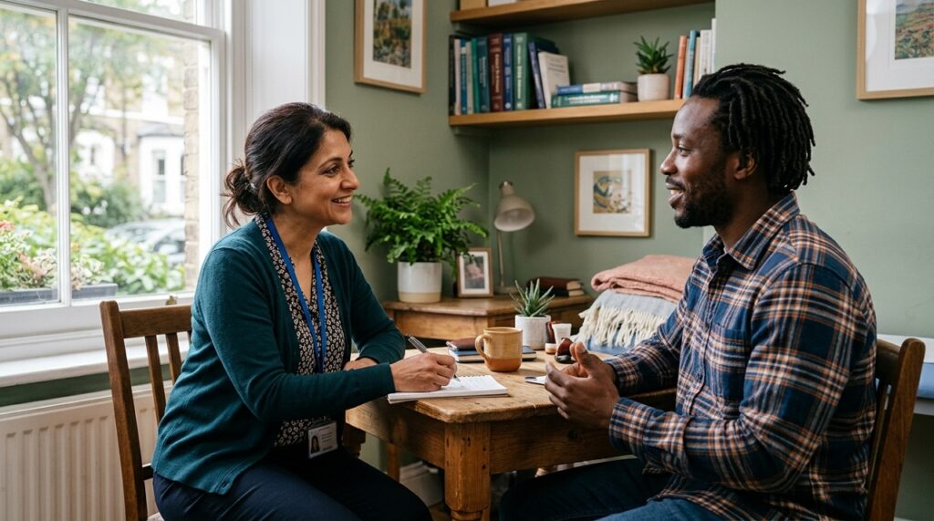 A doctor and patient in calm conversation in a warm clinic setting during a mental health consultation