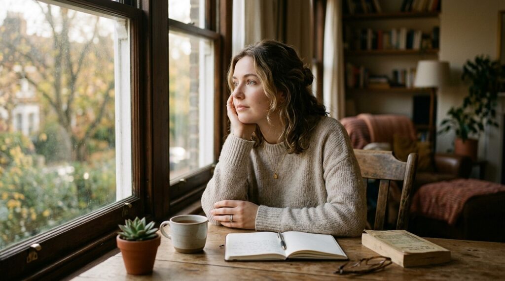 Woman gazing thoughtfully out a window, illustrating the quiet, inattentive presentation of ADHD in women