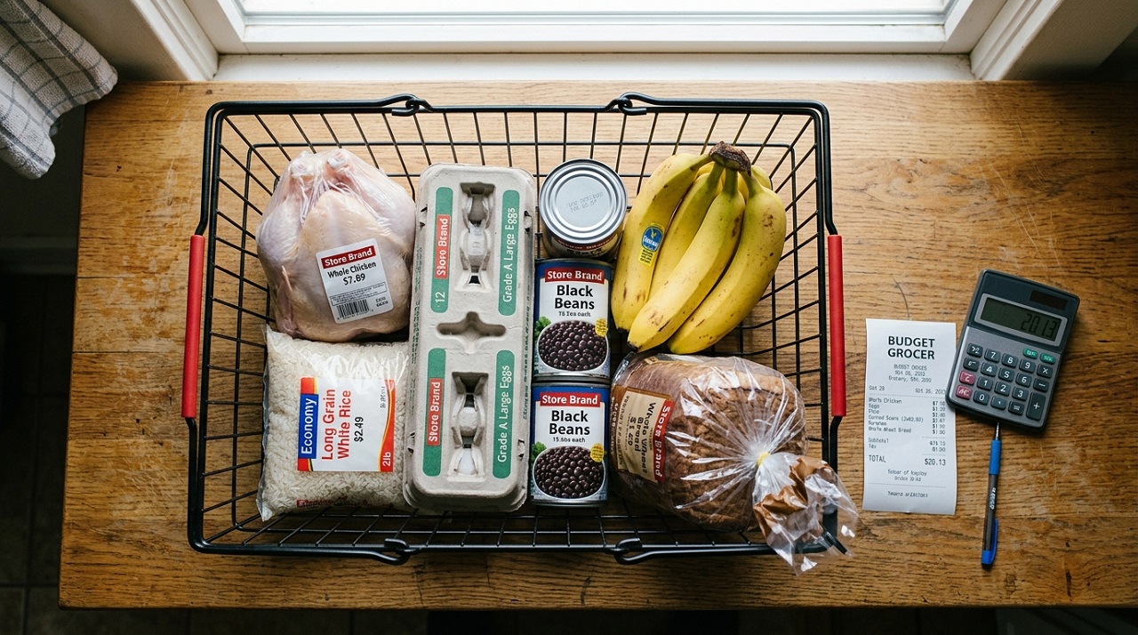 Grocery basket filled with budget staples alongside a receipt and calculator