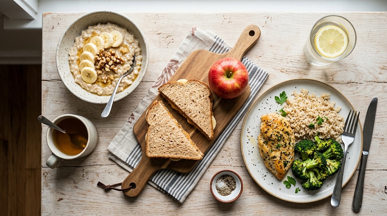 Flat-lay of a sample day of budget meals including oatmeal, a sandwich, and baked chicken with rice