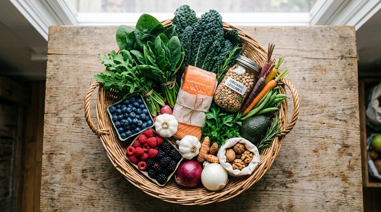 Grocery basket filled with colorful anti-inflammatory and prebiotic-rich foods