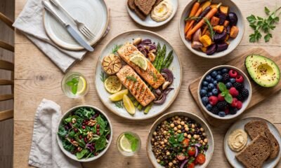 Colorful anti-inflammatory, prebiotic-rich meal spread with salmon, legumes, garlic, and berries