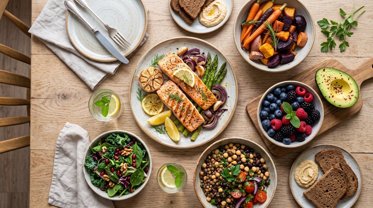 Colorful anti-inflammatory, prebiotic-rich meal spread with salmon, legumes, garlic, and berries