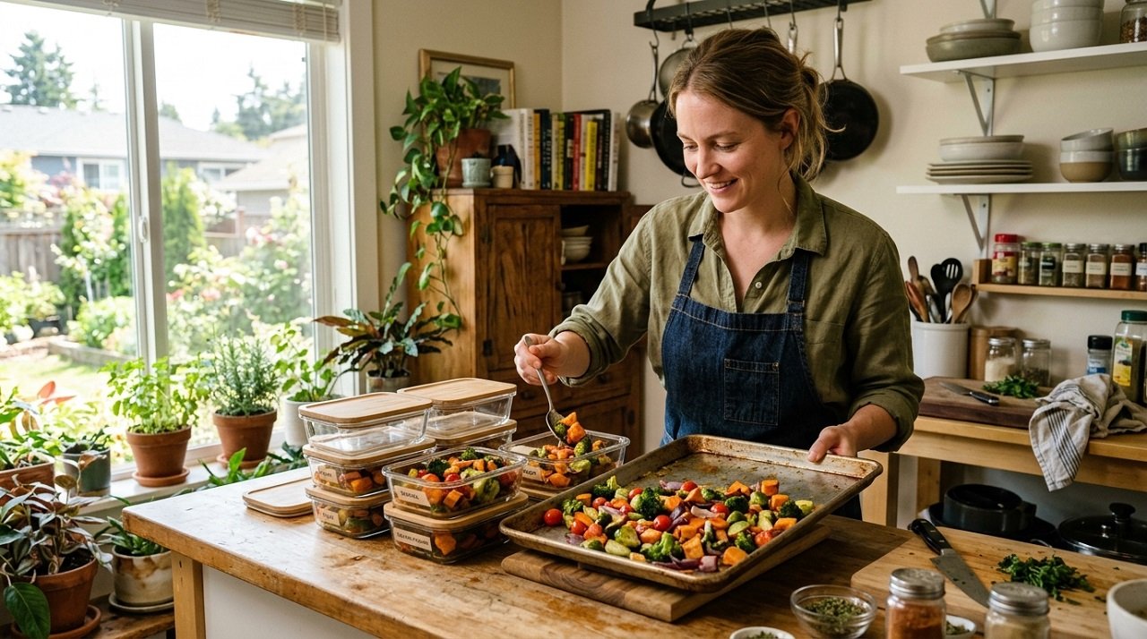 Person meal-prepping colorful roasted vegetables into containers for the week