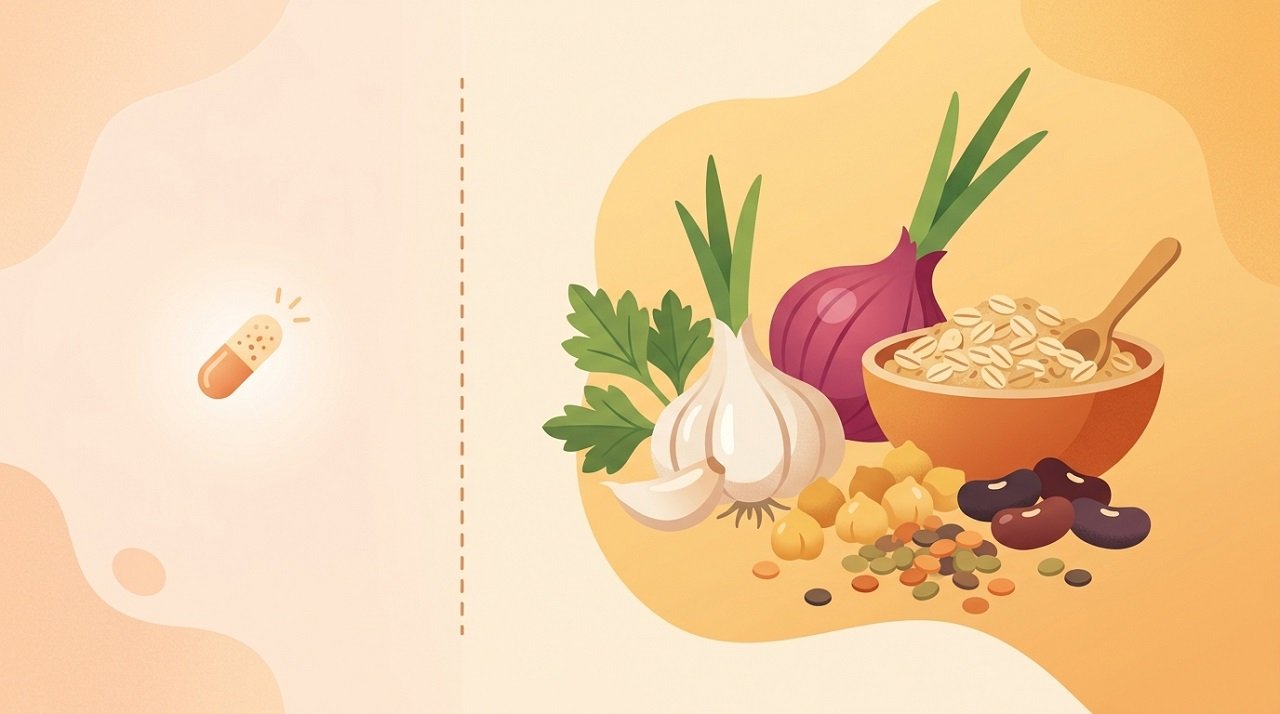 Illustration comparing prebiotic whole foods to probiotic supplements for gut recovery
