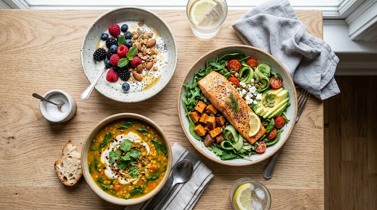 Flat-lay of a sample day of anti-inflammatory meals including yogurt with berries, salmon salad, and lentil soup