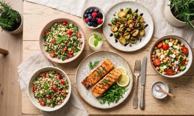Meal plan for PCOS to balance hormones — low-glycemic spread with salmon, quinoa, and roasted vegetables