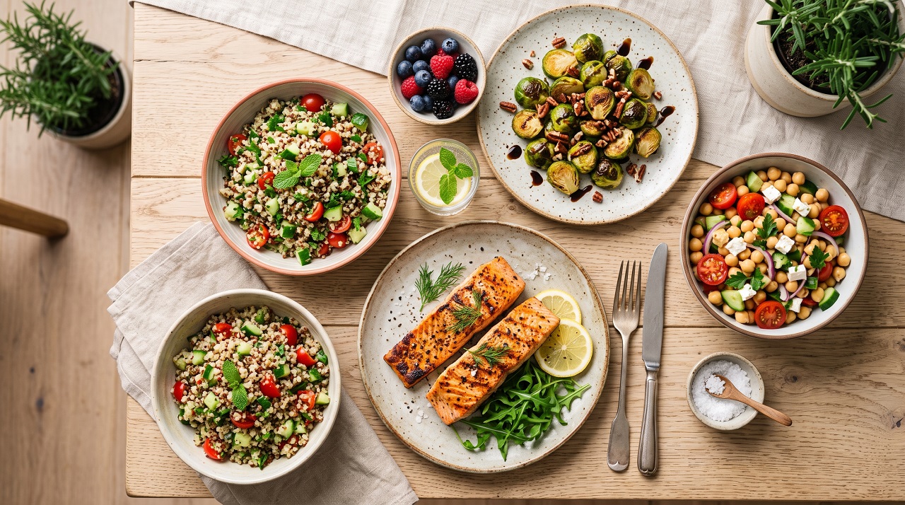 Meal plan for PCOS to balance hormones — low-glycemic spread with salmon, quinoa, and roasted vegetables