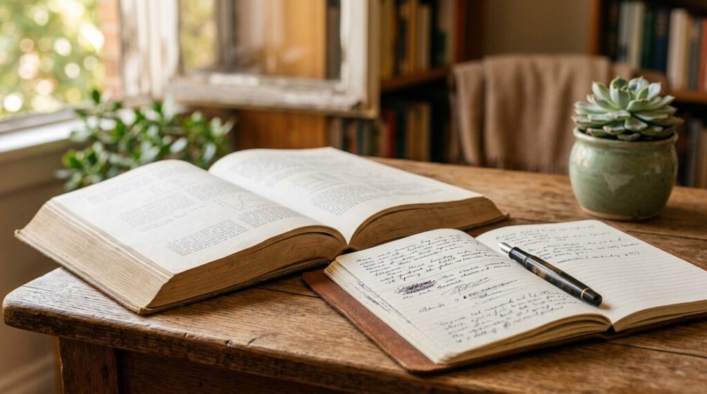 Open academic book and journal on a desk representing the clinical research origins of Complex PTSD by Dr Judith Herman in 1992