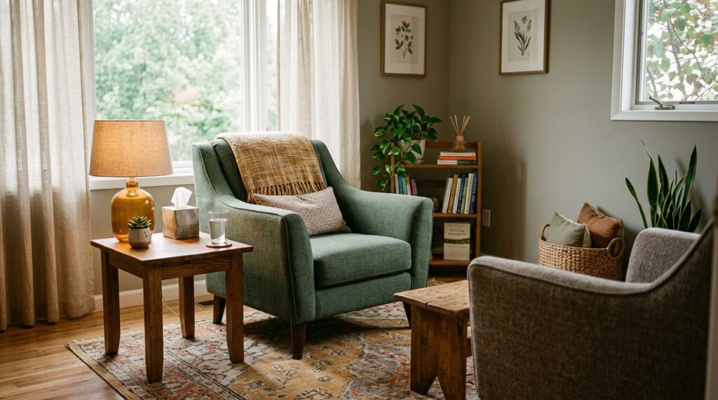 Calm, warmly lit therapy room representing the phased treatment approach used for Complex PTSD