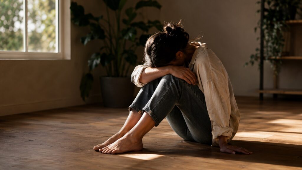 Person sitting quietly on a floor in soft light, reflecting the internal weight of complex trauma versus single-incident PTSD