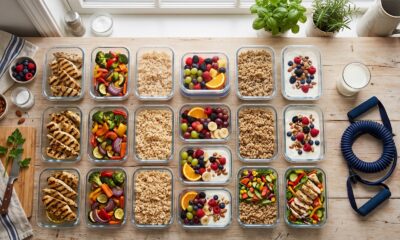 A week of DASH diet meal prep containers alongside a resistance band, representing diet and exercise for bone health