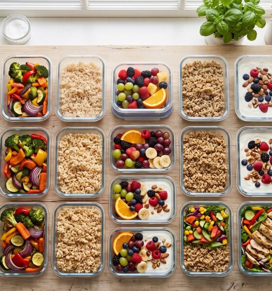 A week of DASH diet meal prep containers alongside a resistance band, representing diet and exercise for bone health