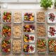 A week of DASH diet meal prep containers alongside a resistance band, representing diet and exercise for bone health