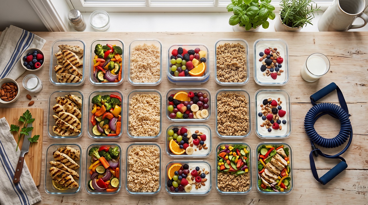 A week of DASH diet meal prep containers alongside a resistance band, representing diet and exercise for bone health