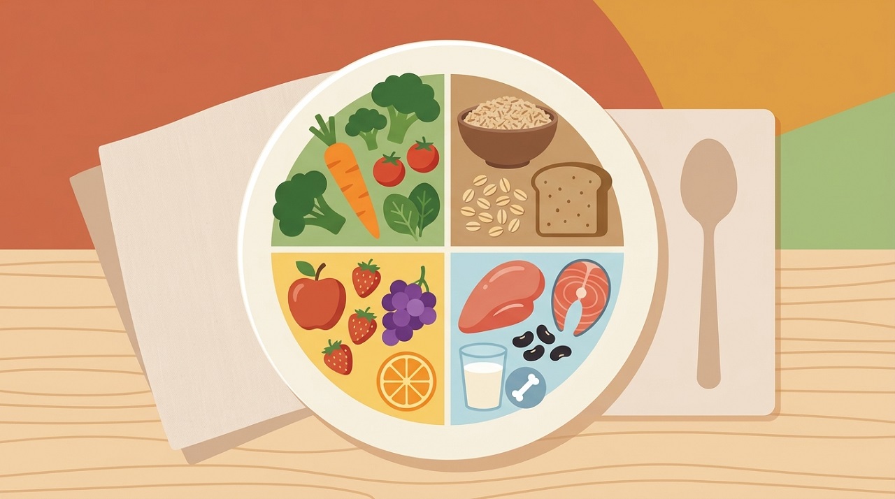 Illustration of DASH diet food group proportions with an emphasis on calcium-rich foods for bone health