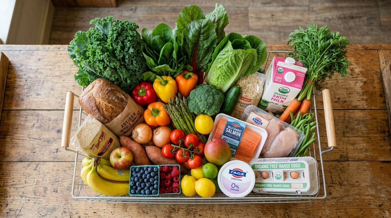 Grocery basket filled with fresh produce, whole grains, dairy, and lean protein for the DASH diet