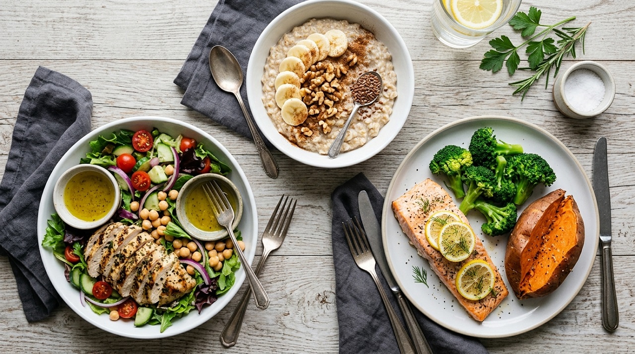 Flat-lay of a sample day of DASH diet meals including oatmeal, grilled chicken salad, and baked salmon