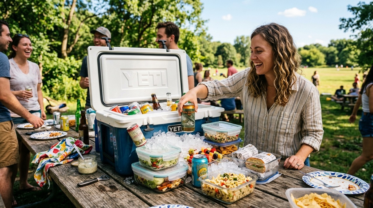 A packed cooler with ice keeping perishable food safe at an outdoor picnic