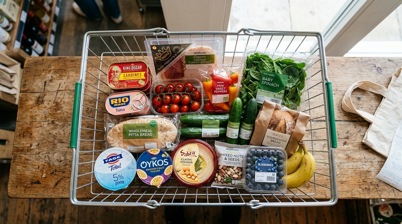 Grocery basket filled with no-cook meal staples including canned fish, deli meats, and fresh produce