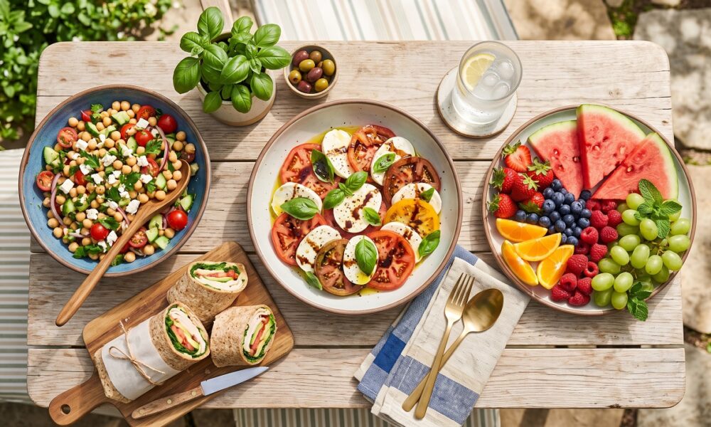 A colorful no-cook summer meal spread including Caprese salad, chickpea salad, and fresh fruit